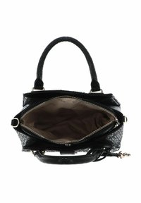 Sac à main noir avec un extérieur texturé, des poignées lisses et des éléments en métal doré. L'intérieur est beige avec un imprimé logo et des compartiments zippés.