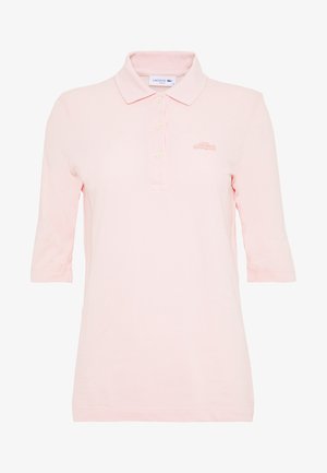 Lichtroze poloshirt met korte mouwen, gemaakt van textuurstof, met een drieknoopsluiting en geborduurd logo op de borst.