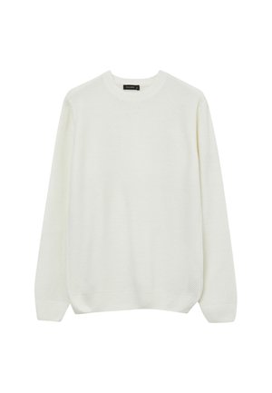 Pull en tricot blanc avec un motif texturé, décolleté rond et manches longues. L'ourlet et les poignets présentent une finition côtelée.