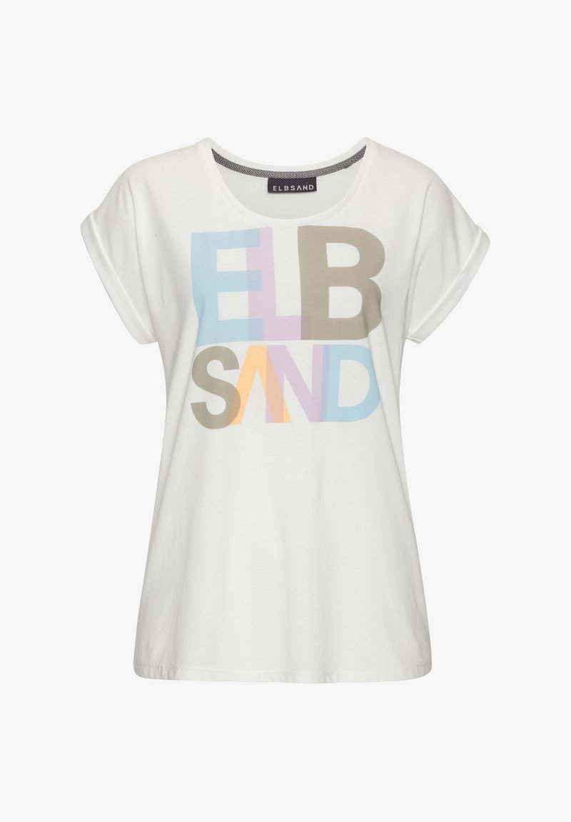White cotton t-shirt with rolled sleeves, featuring multicolored block letters spelling "ELBSAND" in blue, beige, orange, and lavender.