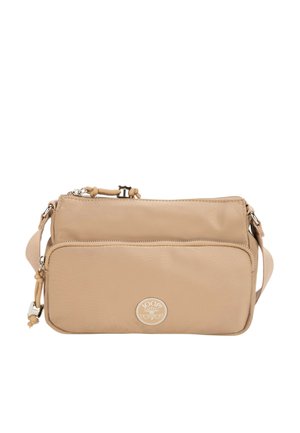 Beige rektangulær skuldertaske med to lynlåslommer og et rundt logopatch på frontlommen.
