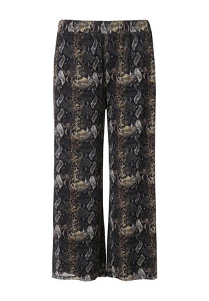 Wijdvallende broek met een slangenhuidprint in donkere tinten, uitgerust met een elastische tailleband voor comfort en een zachte stofstructuur.