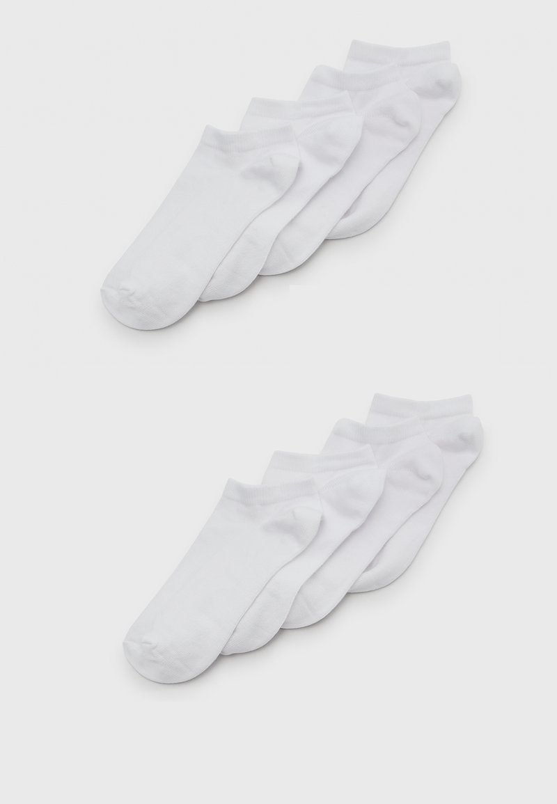 White ankle socks in a pack of six. Soft cotton blend with a smooth texture, featuring a classic design and a ribbed cuff.