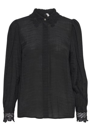 Czarna bluzka z długim rękawem o teksturowanej tkaninie, ozdobiona koronkowym kołnierzykiem i mankietami, z zapięciem na guziki z przodu.