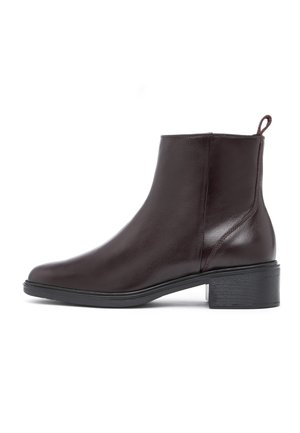 Dark brown leather ankle boot with block heel, rounded toe, and rear pull tab, shown in side profile on white background.