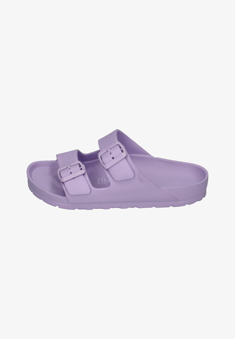 Sandale mule violet clair à bout ouvert avec deux brides réglables à boucle et une semelle contournée pour le confort.
