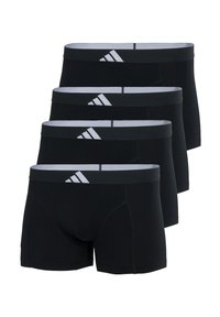 Svarta boxershorts i ett paket med fyra, med ett grått elastiskt midjeband med tre vita ränder, slät yta och figurnära design.