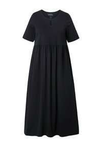 Robe midi noire à manches courtes avec un col rond et une petite ouverture en forme de goutte sous le col, taille froncée et jupe ample.