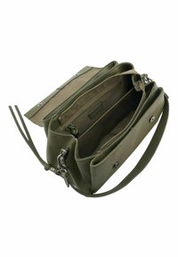 Sac à main en cuir vert avec une forme structurée, doté d'une poche intérieure zippée, d'une fermeture magnétique et d'une bandoulière réglable.