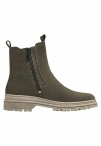 Botas de tobillo de gamuza verde con cremalleras laterales, acabado texturizado y una resistente suela de goma beige, con un tacón bajo y tiradores.