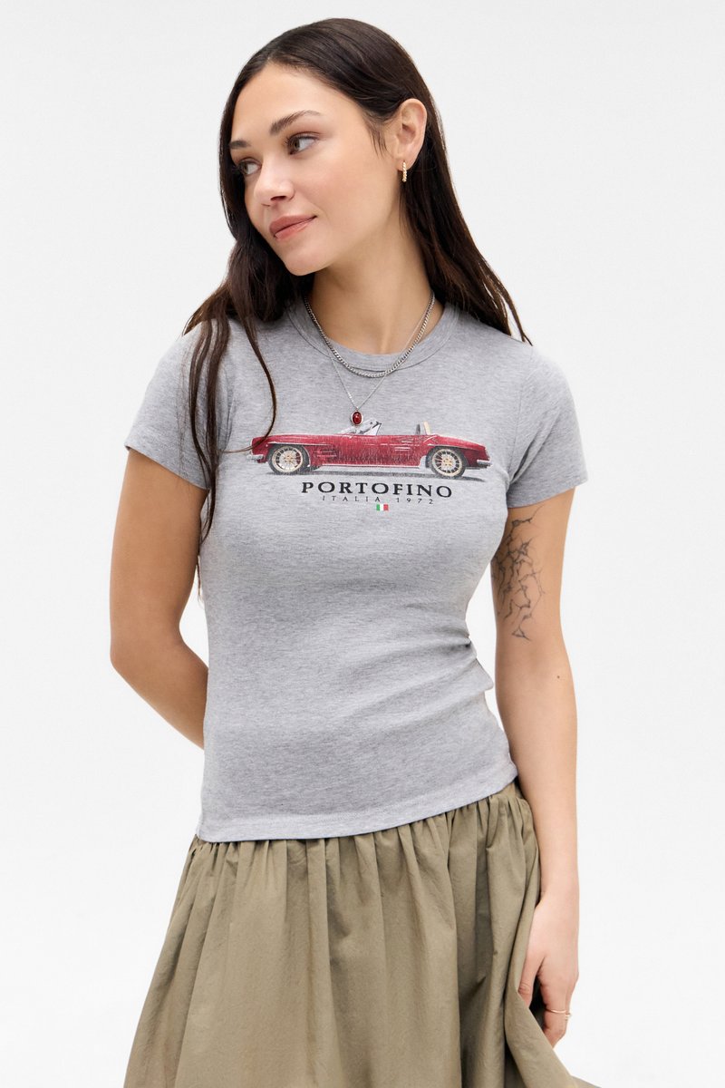Gray cotton t-shirt featuring a red convertible car graphic with "PORTOFINO" and "ITALIA 1972" text. Short sleeves, fitted silhouette.