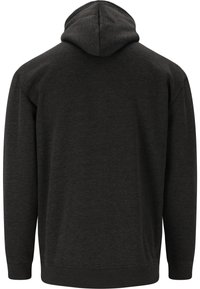 Mörkgrå hoodie med långa ärmar, ribbade mudd och nederkant. Tyget verkar mjukt med en slät yta. Enkel, odekorerad design.