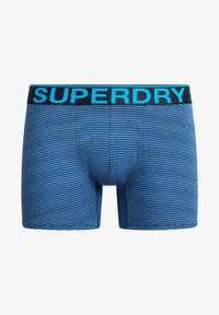 Boxer shorts a righe blu con un elastico nero con il logo "SUPERDRY" in blu brillante. Tessuto morbido con un design aderente.