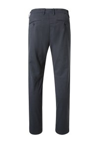 Donkergrijze broeken met een gladde textuur, recht pasvorm, twee achterzakken met knopen en een standaard tailleband.