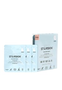 Set de masques en bio-cellulose hydratants Starskin. Quatre sachets bleu clair avec du texte blanc, présentant un design graphique de masque facial.