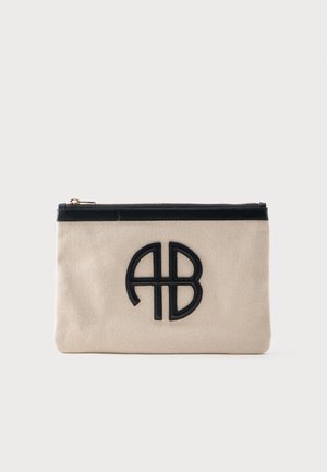 Beige stoffen etui met zwarte ritssluiting en zwart AB-logo gecentreerd op de voorkant, afgebeeld op een effen lichte achtergrond.
