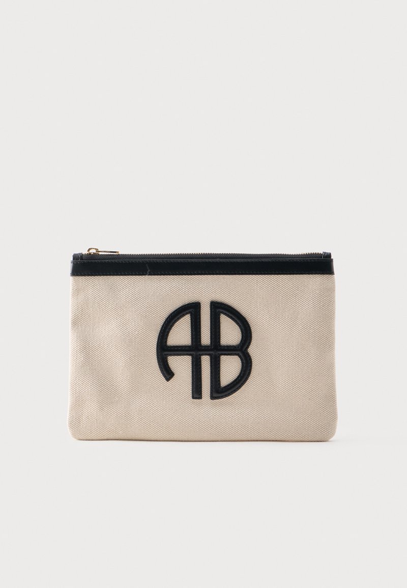 Béžové textilné puzdro s čiernym zipsom a čiernym logom AB uprostred prednej strany, zobrazené na jednoduchom svetlom pozadí.