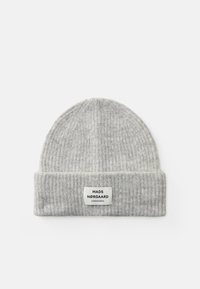 Gray knitted beanie hat with a ribbed texture and a folded cuff. Features a rectangular tag with black text on a white background.