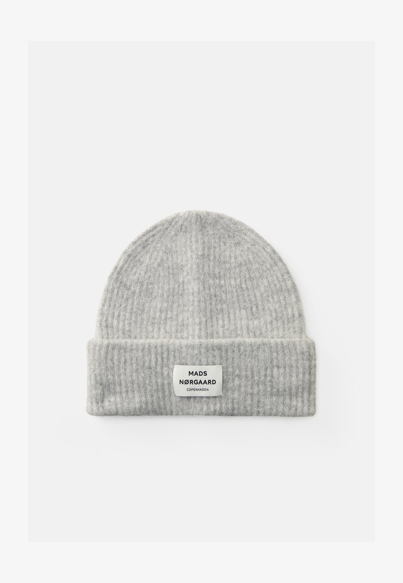 Gray knitted beanie hat with a ribbed texture and a folded cuff. Features a rectangular tag with black text on a white background.