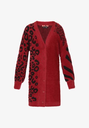 Cardigan rosso e morbido con scollo a V, chiusura con bottoni e maniche lunghe. Presenta motivi a leopardato nero e strisce su sezioni a contrasto.