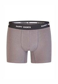 Graue Boxershorts aus weichem Stoff, mit einem schwarzen Bund, auf dem in Weiß "HAPPY SHORTS" steht. Glatte Textur und figurbetontes Design.