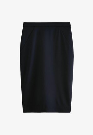 Tamnoplavi olovka suknja od glatkog materijala, s prilagođenim siluetom, blagom teksturom i dva prednja šava s džepovima. Suknja srednje dužine.
