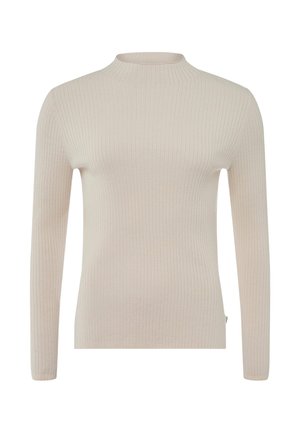 Rippstrick-Langarmshirt in hellem Beige, mit hohem Ausschnitt und figurbetonter Silhouette. Hergestellt aus weichem Stoff mit glatter Textur.