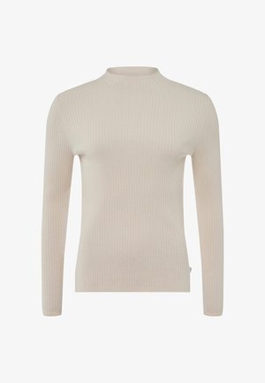 Maglia a maniche lunghe a costine in beige chiaro, presenta un collo alto e una silhouette aderente. Realizzata in tessuto morbido con una texture liscia.