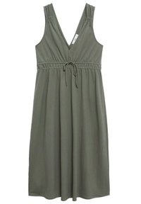Oliwkowa sukienka bez rękawów z głębokim dekoltem w serek, zgromadzonym dekoltem, talią na sznurek i zwiewną spódnicą. Gładki materiał z delikatnym połyskiem.