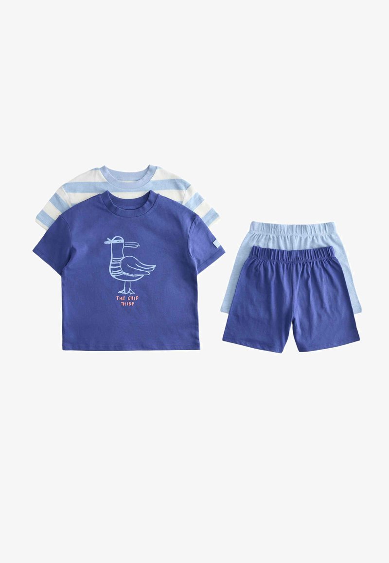 Deux ensembles de vêtements pour enfants : un T-shirt bleu avec un motif d'oiseau et un texte, associé à un short bleu ; un T-shirt blanc et bleu rayé avec un short bleu clair.