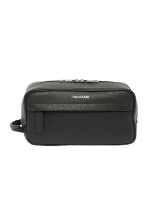 Black textured leather toiletry bag with front pocket, zipper closure, side handle, and "TRUSSARDI" logo in silver lettering.
