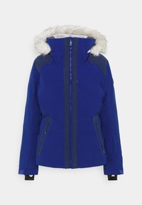 Veste de ski bleue avec une capuche bordée de fourrure, des poches zippées et des accents bleu marine contrastants. Dotée d'une fermeture éclair frontale et de cordons ajustables.