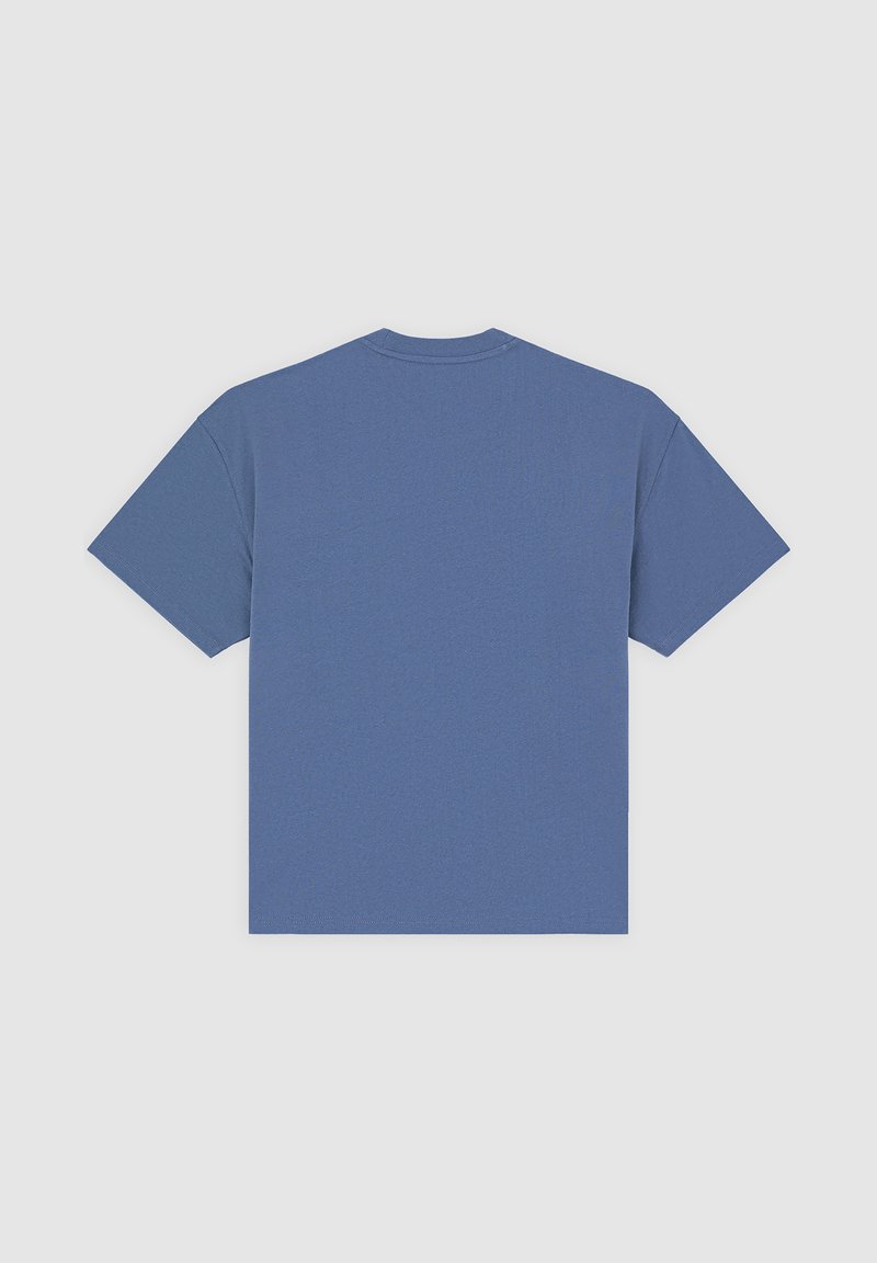 Short-sleeve t-shirt in solid blue, featuring a crew neck and a soft, textured fabric. Back view shows a smooth surface without graphics.