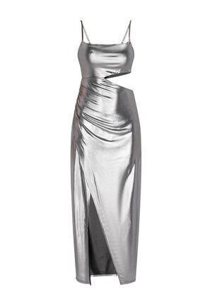 Metallic silver dress with a fitted bodice, thin straps, side draping, and a thigh-high slit. Made from a smooth, shiny material.