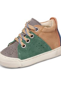 Sneaker multicolore per bambini in materiale scamosciato. I colori includono verde, grigio, marrone e blu. Presenta lacci marroni e dettagli perforati.