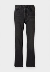 Vaqueros de denim negro con un diseño de pierna recta, cinco bolsillos y cierre frontal de botón. Superficie texturizada con detalles de desvanecimiento sutil.