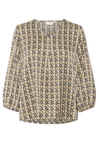 Blusa de manga larga con cuello en V en una tela ligera que presenta un patrón repetitivo de abanicos en negro, beige y dorado. Puños elásticos y ajuste holgado.