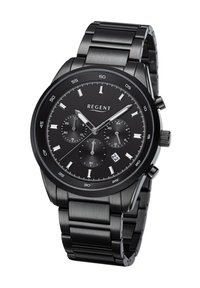 Montre chronographe analogique noire pour homme avec bracelet en acier inoxydable, boîtier rond, cadran noir, accents argentés, fenêtre de date et sous-cadrans.