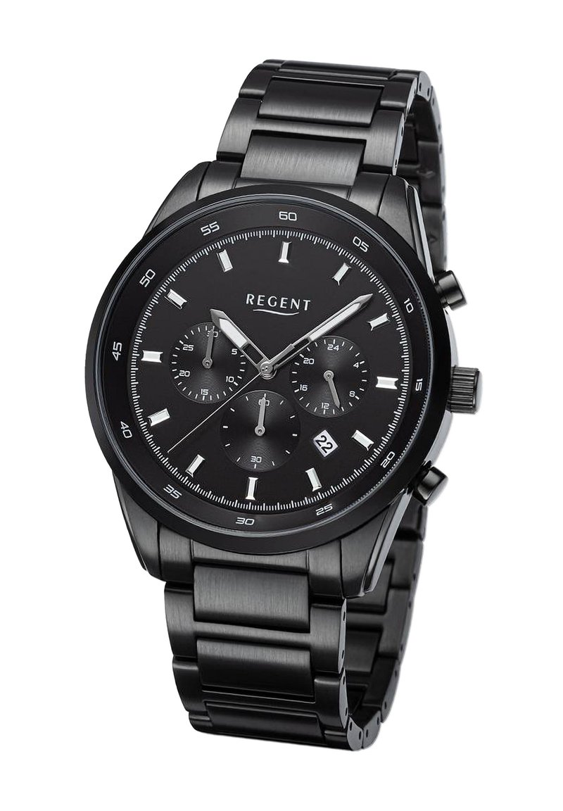 Montre chronographe analogique noire pour homme avec bracelet en acier inoxydable, boîtier rond, cadran noir, accents argentés, fenêtre de date et sous-cadrans.