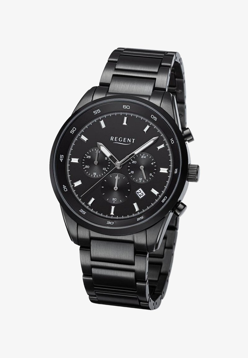 Montre chronographe analogique noire pour homme avec bracelet en acier inoxydable, boîtier rond, cadran noir, accents argentés, fenêtre de date et sous-cadrans.