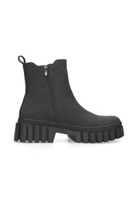 Chunky black ankle boot made of faux suede, featuring a side zipper, pull tab, and a thick, ridged platform sole.