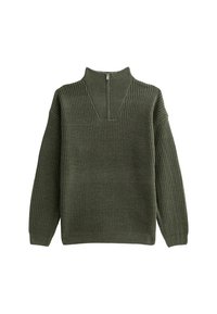 Maglione lavorato a maglia verde oliva con chiusura a mezza zip, texture a coste, maniche larghe e scollatura a V profonda.