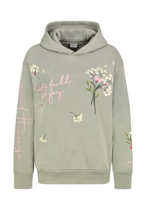 Kapuzensweatshirt aus hellgrünem Stoff mit floraler Stickerei in Weiß und Pink; der Text lautet "Leben voller Freude" und "gute Dinge" in Schreibschrift.