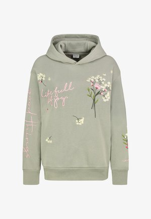 Kapuzensweatshirt aus hellgrünem Stoff mit floraler Stickerei in Weiß und Pink; der Text lautet "Leben voller Freude" und "gute Dinge" in Schreibschrift.