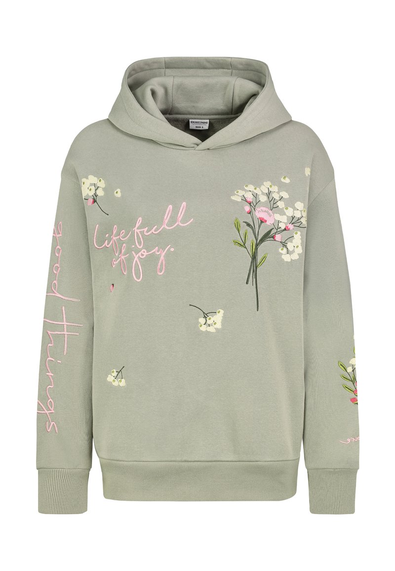 Kapuzensweatshirt aus hellgrünem Stoff mit floraler Stickerei in Weiß und Pink; der Text lautet "Leben voller Freude" und "gute Dinge" in Schreibschrift.