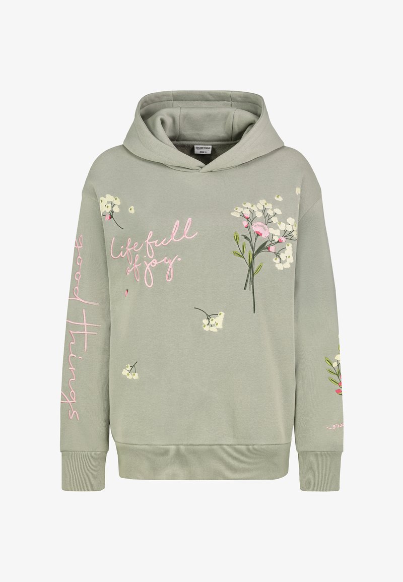 Kapuzensweatshirt aus hellgrünem Stoff mit floraler Stickerei in Weiß und Pink; der Text lautet "Leben voller Freude" und "gute Dinge" in Schreibschrift.