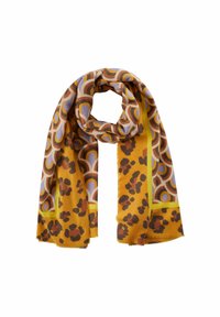 Gelber Schal mit Leopardenmuster und kreisförmigen Motiven in Braun, Lila und Orange. Hergestellt aus weichem Stoff mit fransigen Kanten.