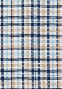 Karierter Stoff in Hellblau, Beige und Marineblau, mit einer gewebten Textur, die gleichmäßig verteilte horizontale und vertikale Linien bildet, die Quadrate ergeben.