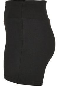 Black high-waisted shorts made from a stretchy, smooth fabric. Features a seamless design and an elastic waistband for comfort.