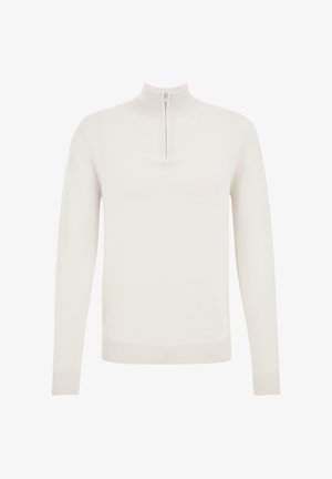 Hellcremefarbener Pullover mit einem halben Reißverschluss-Kragen, gerippten Bündchen und Saum. Hergestellt aus weichem Material mit glatter Textur und tailliertem Design.